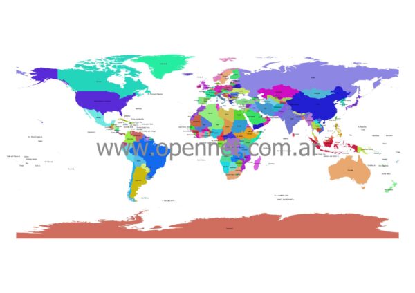 Mapa del mundo, países en colores A4 inglés